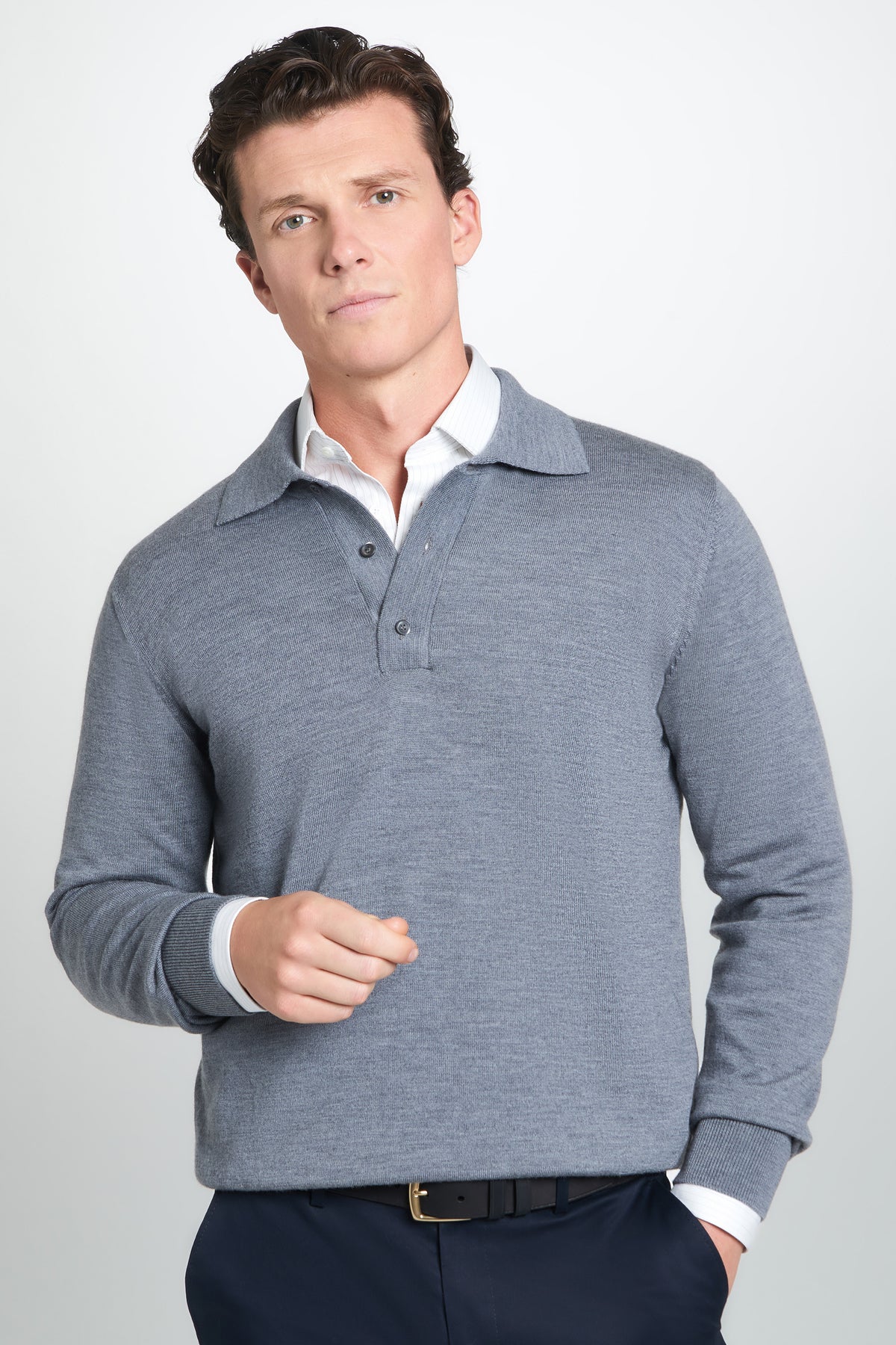 Pale Grey Merino Wool Long Sleeve Polo Shirt