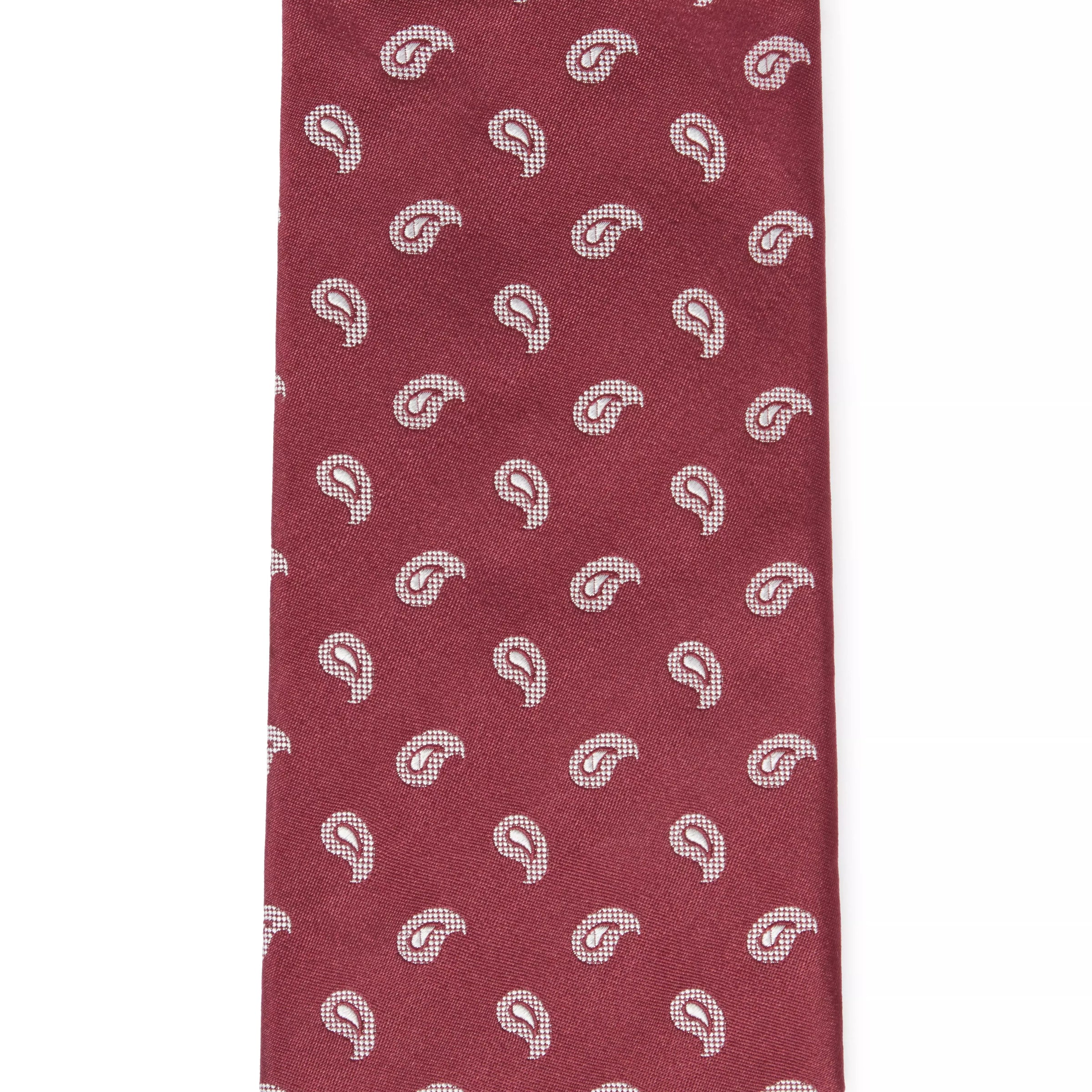 Burgundy Red & White Paisley Motif Silk Woven Tie