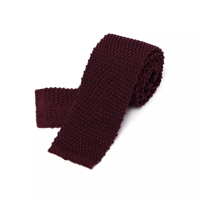 Burgundy Plain Knitted Silk Tie Square Tip
