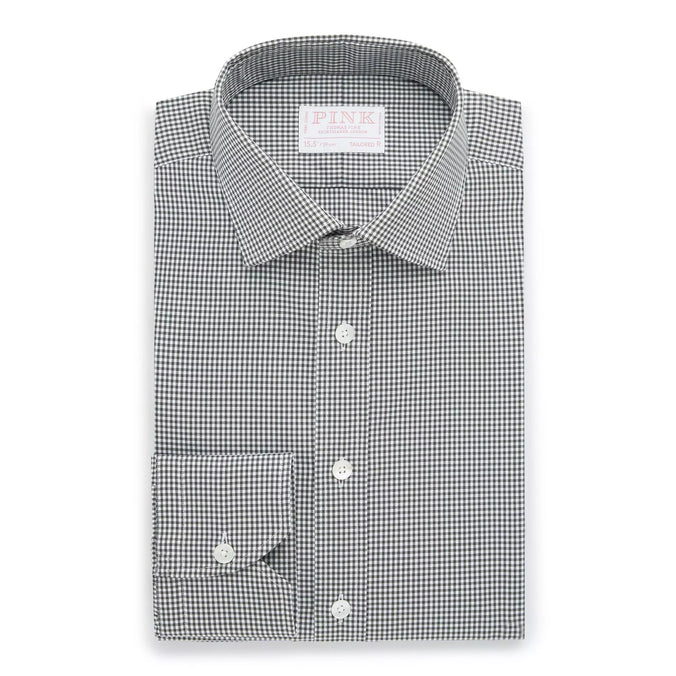 Deep Green & White Tailored Fit Twill Micro Gingham Formal Shirt