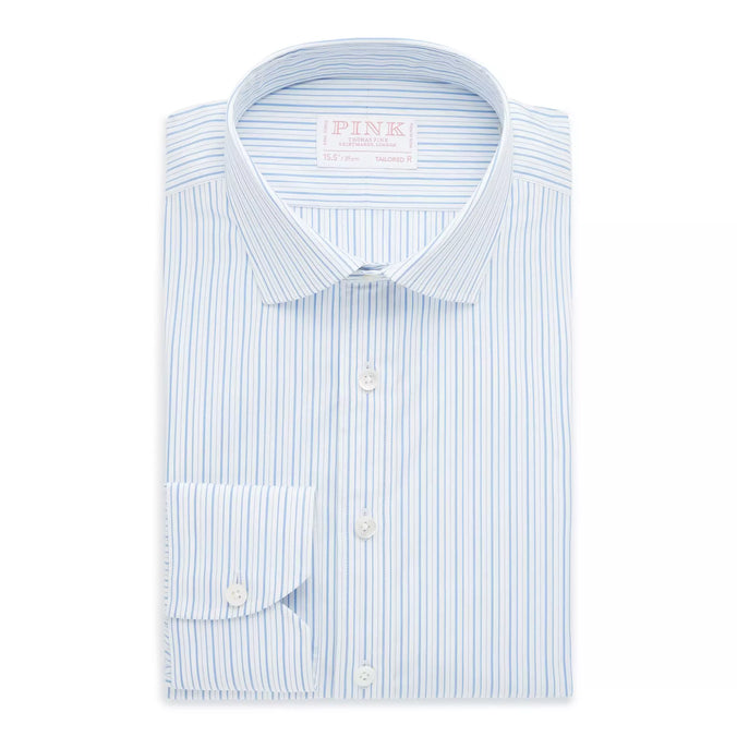 Pale Blue & White Tailored Fit Thick & Thin Stripe Formal Shirt