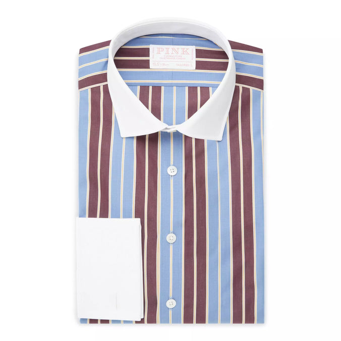 Blue & Purple Tailored Fit Double Cuff Block Stripe Formal Shirt