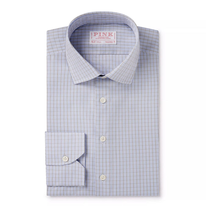 Pale Blue & Green Tailored Fit Graph Check Formal Shirt