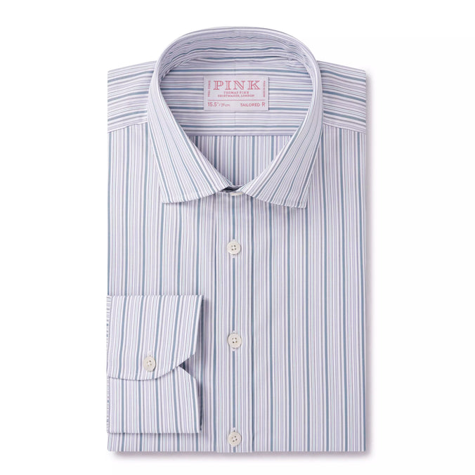 Teal Green & White Tailored Fit Supraluxe Multi Stripe Formal Shirt