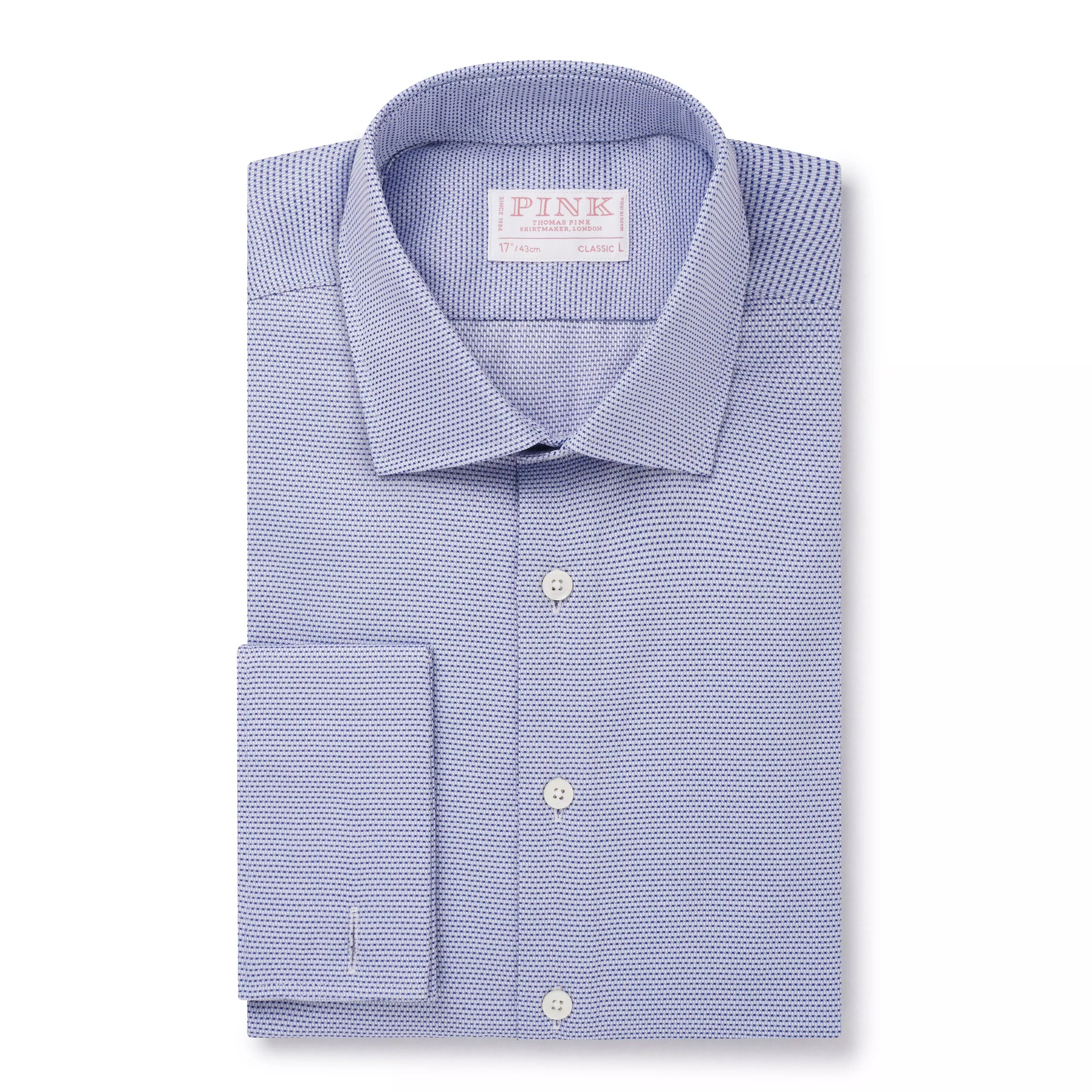 Blue & White Classic Fit Double Cuff Geometric Dobby Formal Shirt