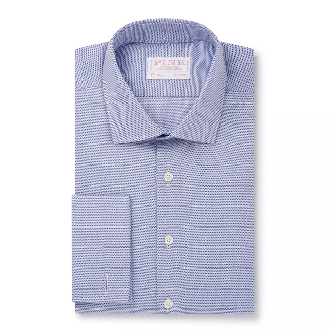 Blue & White Classic Fit Double Cuff Geometric Dobby Formal Shirt