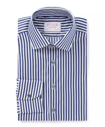 Navy & White Classic Fit Twill Bengal Stripe Formal Shirt