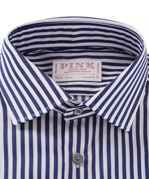 Navy & White Classic Fit Twill Bengal Stripe Formal Shirt