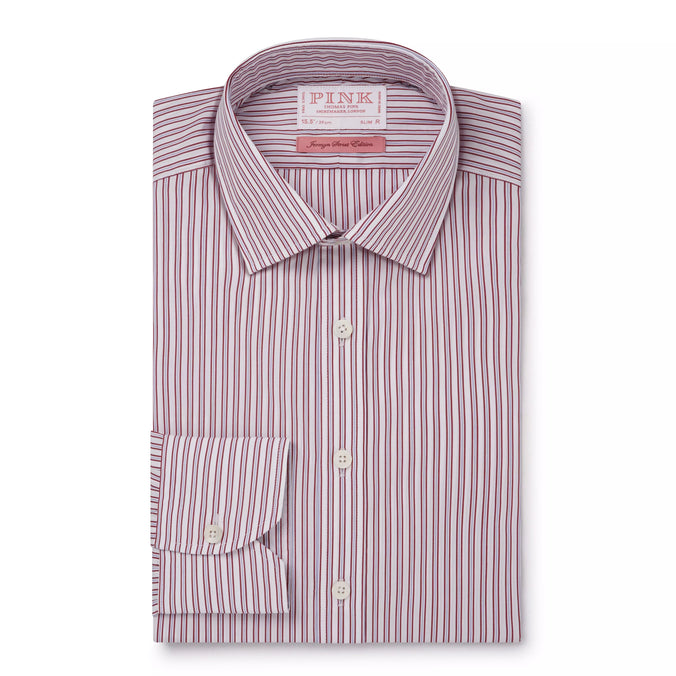 Burgundy & White Slim Fit Piumino Multi Stripe Formal Shirt