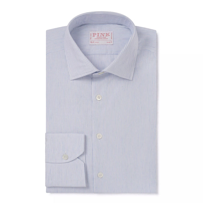 Pale Blue & White Slim Fit Fine Striped Slub Formal Shirt