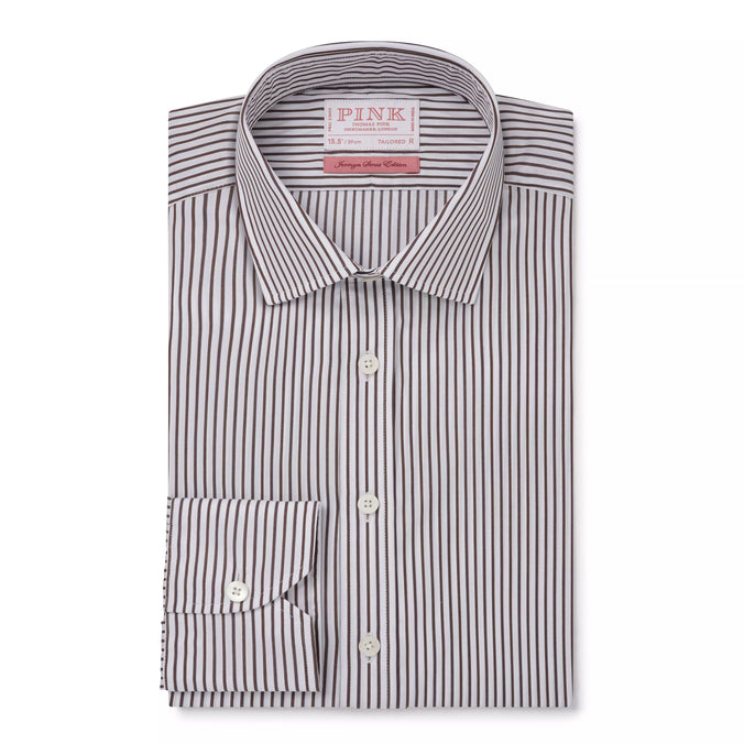 Brown & White Tailored Fit Piumino Twill Stripe Formal Shirt