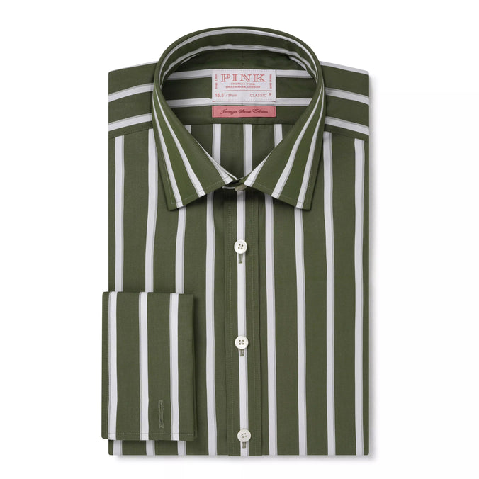 Green & White Classic Fit Double Cuff Downing Multi Stripe Formal Shirt