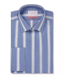 Blue & White Classic Fit Double Cuff Downing Stripe Twill Formal Shirt