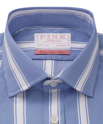 Blue & White Classic Fit Double Cuff Downing Stripe Twill Formal Shirt
