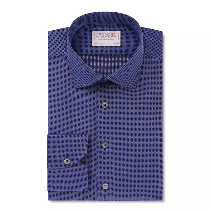 Blue & Navy Slim Fit Diamond Motif Piquet Formal Shirt