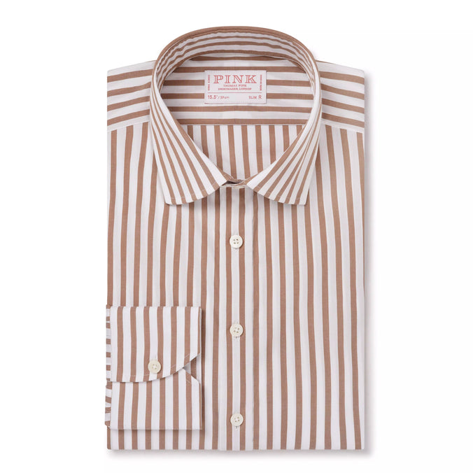 Brown & White Slim Fit Natural Stretch Stripe Formal Shirt
