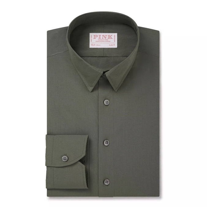 Olive Green Slim Fit Solid Cotton Poplin Formal Shirt