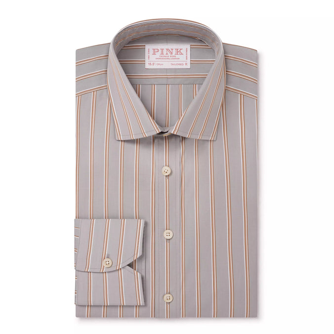 Oatmeal & Multicolour Tailored Fit Multi Track Stripe Formal Shirt